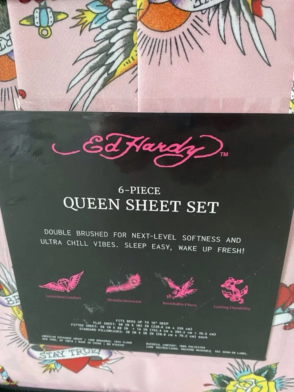 6 Piece Ed Hardy QUEEN Size Sheet Set Pink Roses Hearts Logo Tattoo NEW